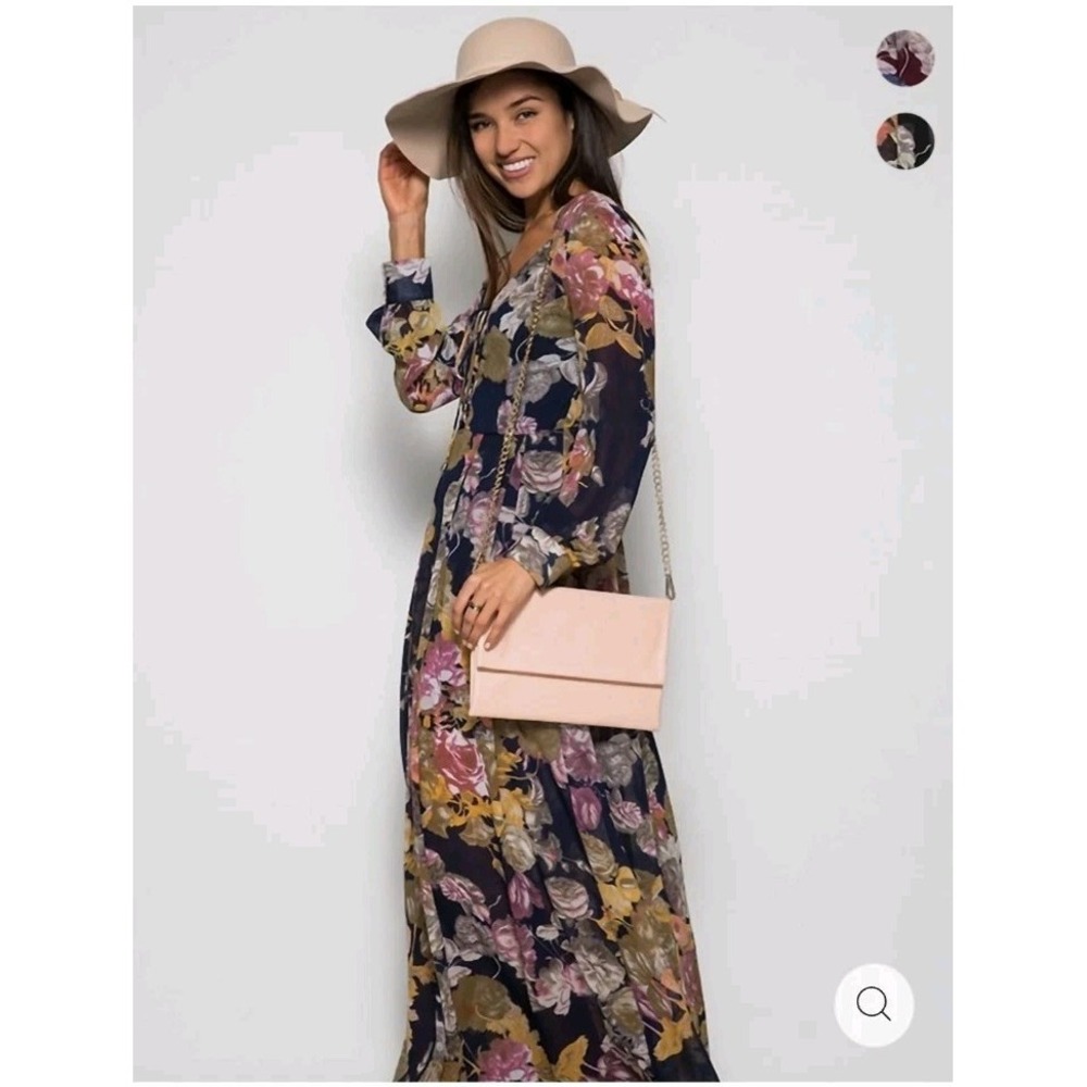NWT She + Sky‎ Women's S Small Silk Navy Floral Long Sleeve Maxi Dress